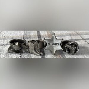 Western Sheriff Star & Cowboy Motif Napkin Ring Set in Silver